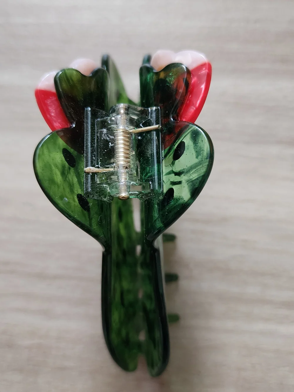 Green Cactus Hair Claw Clip with Red Pink Flower Hair Accessory
